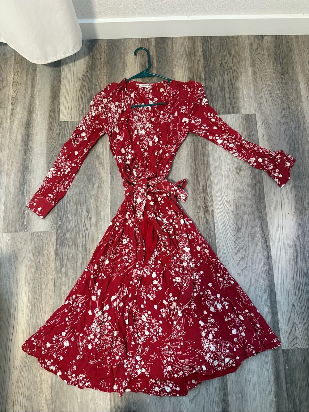 Reformation Red Floral Wrap Dress with White Print and Long Sleeves